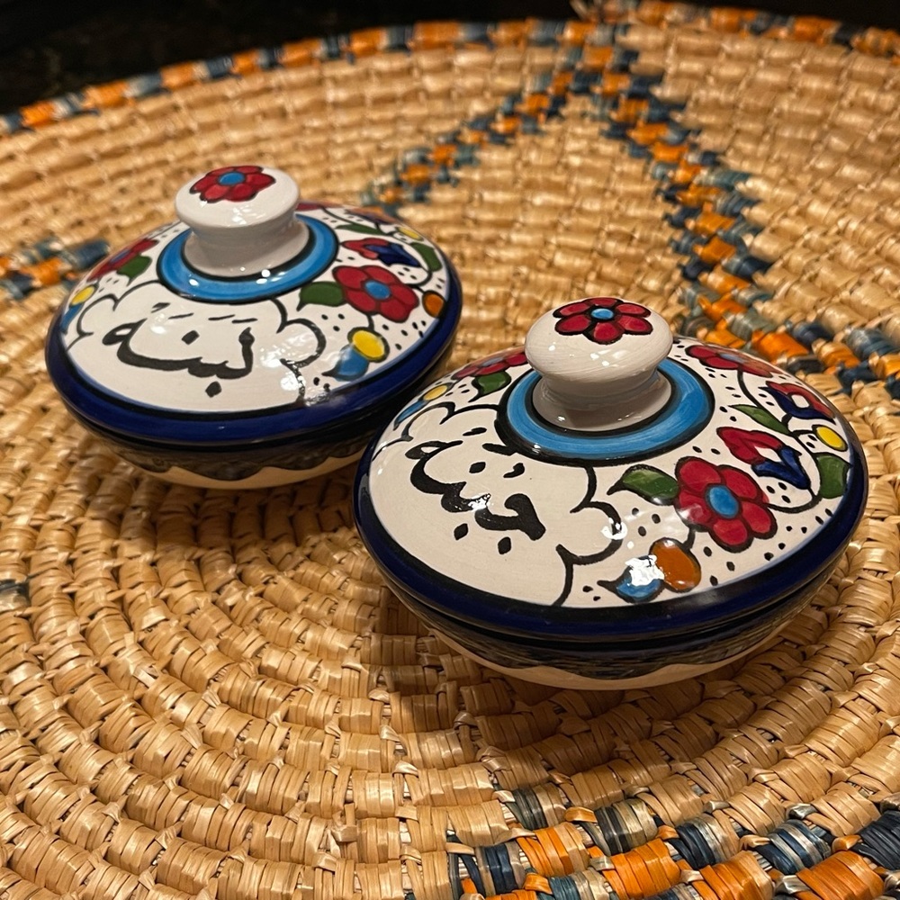 Palestinian Pottery Breakfast Bowls with Arabic Writing Lids Cheese & Yogurt